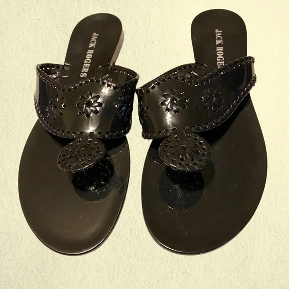 Jack Rogers Black Sandals 11 Shoes Flip Flops Shiny Woven Thongs Jellies - Picture 4 of 8